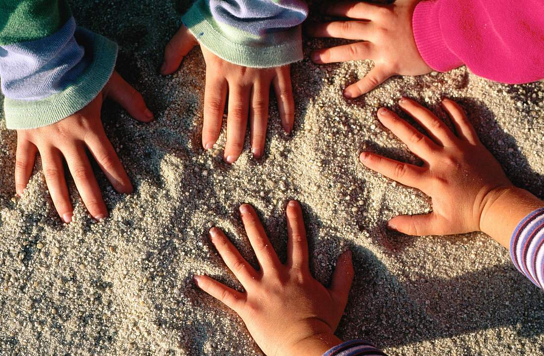 Kids hands at the beach