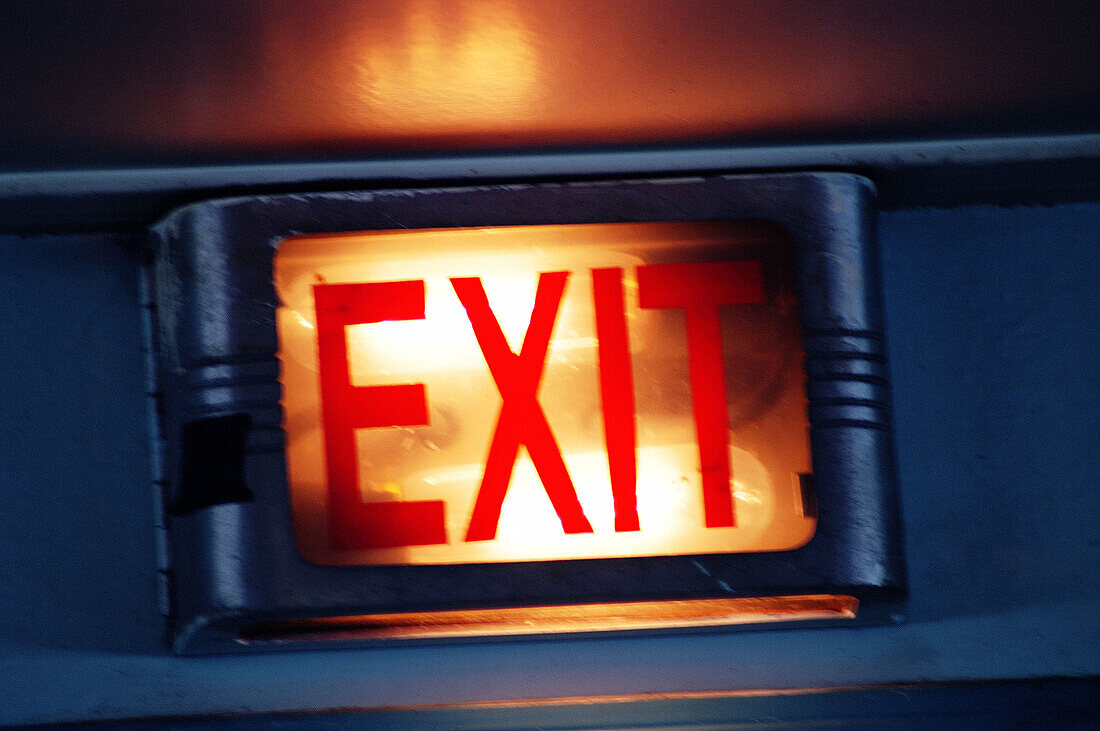  Close up, Close-up, Closeup, Color, Colour, Concept, Concepts, Exit, Exits, Horizontal, Indoor, Indoors, Inside, Interior, Lit, One, Sign, Signs, F58-230456, agefotostock 