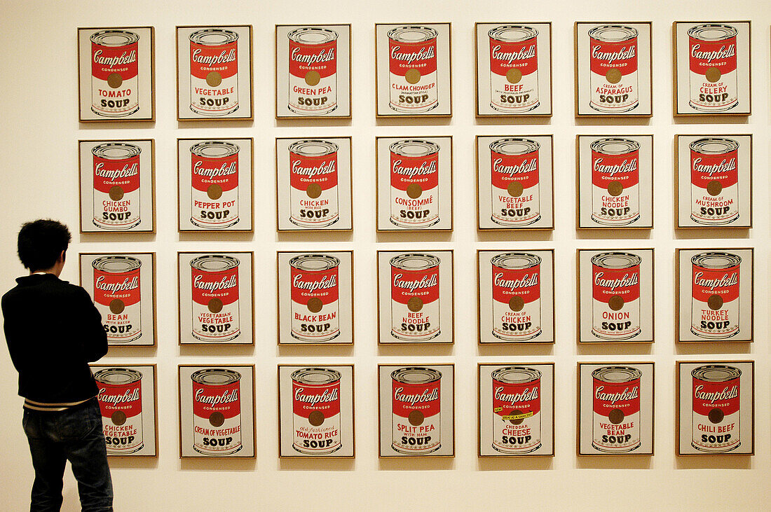 Visitor looking at Campbell s Soup cans by Andy Warhol, Museum of Modern Art. New York City. USA