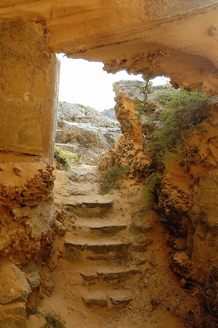 Sandstones in Cala s Almunia, next to Caló des Moro, Santanyí. Majorca. Balearic Islands. Spain