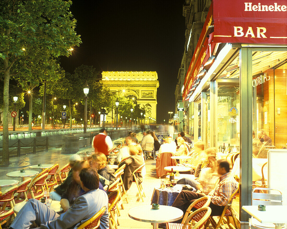 Street scene, Cafe, Champs elysees & Arch de triomphe, Paris, France.