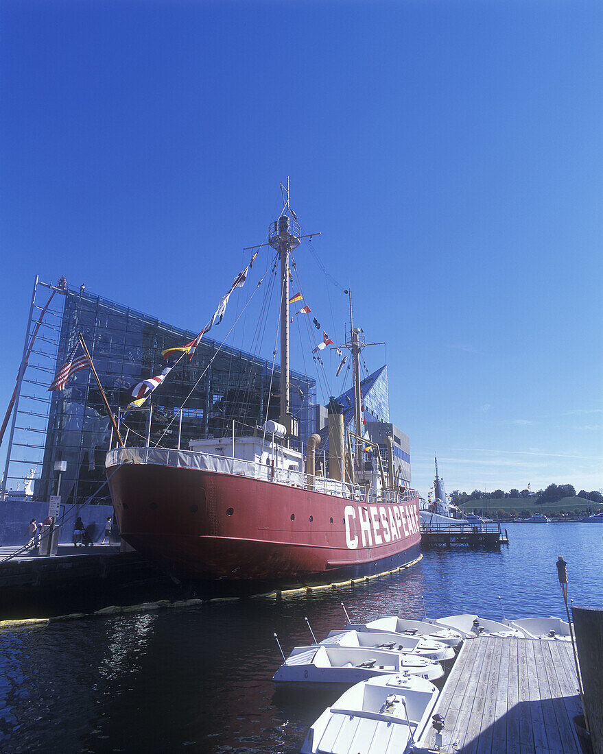 Maritime museum, inner harbour skyline, Baltimore, Maryland, USA.