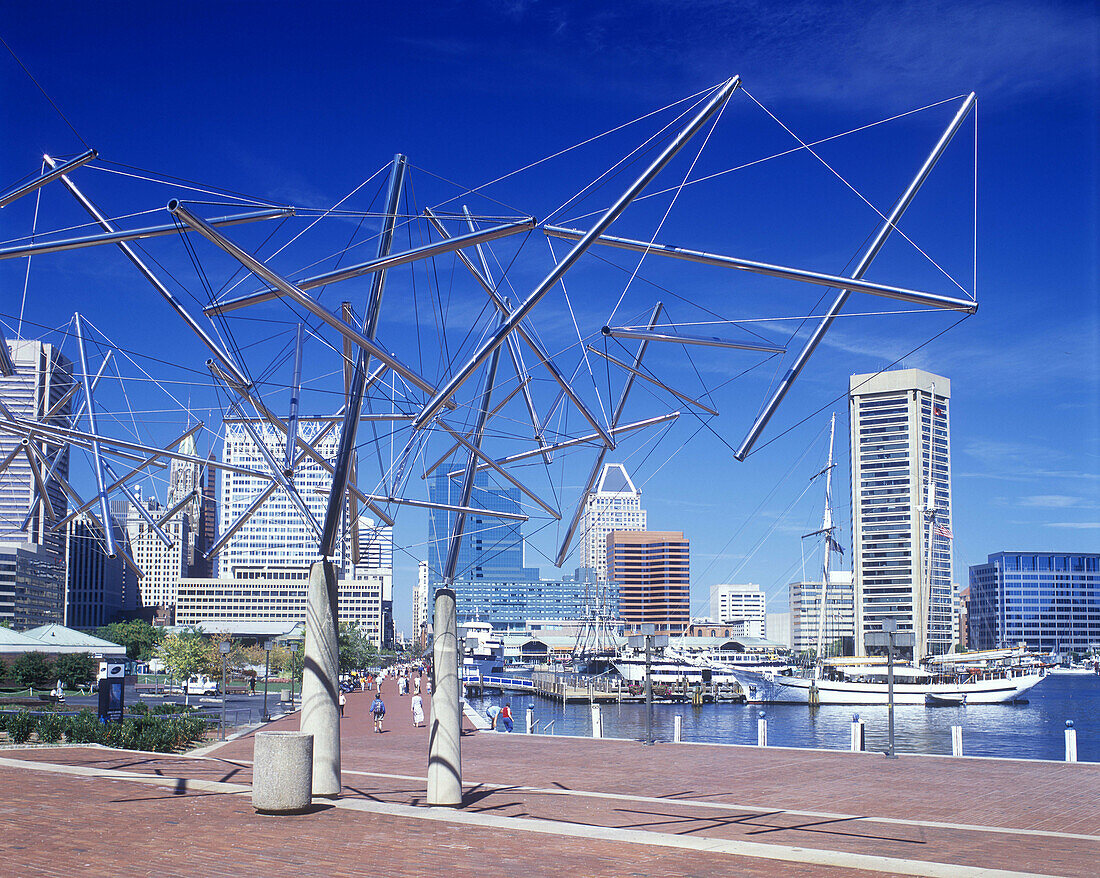 Sculpture, inner harbour skyline, Baltimore, Maryland, USA.