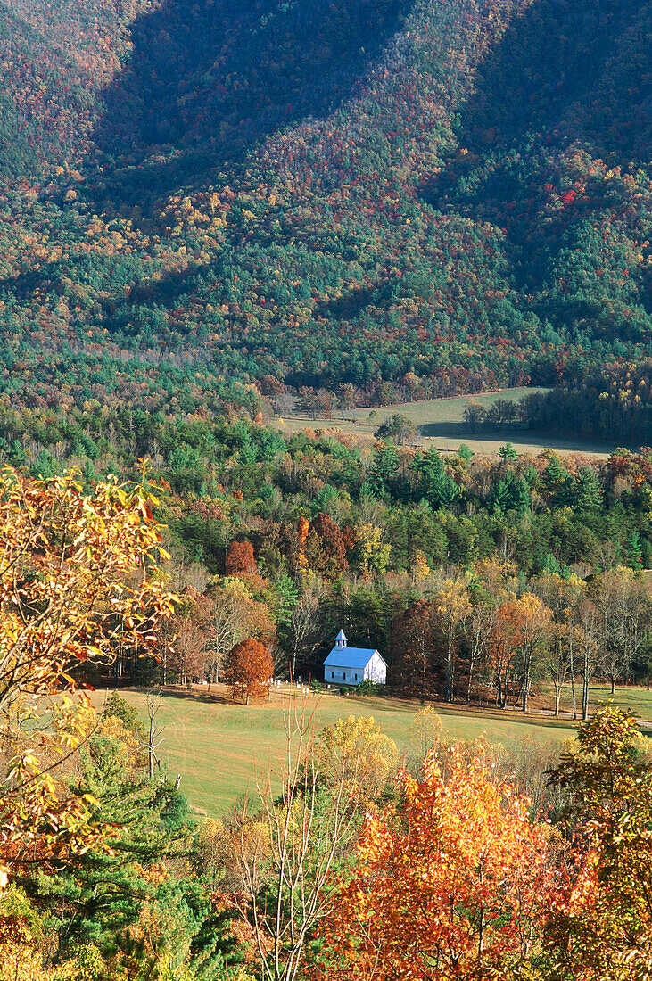 Methodist church. Cades Cove in fall. Great Smoky Mountains National Park. Tennessee. USA