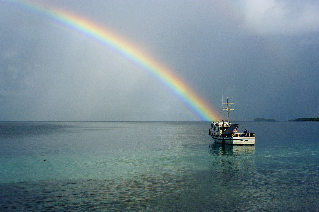 Rainbow and ship, Namu atoll, Marshall Islands (North Pacific)