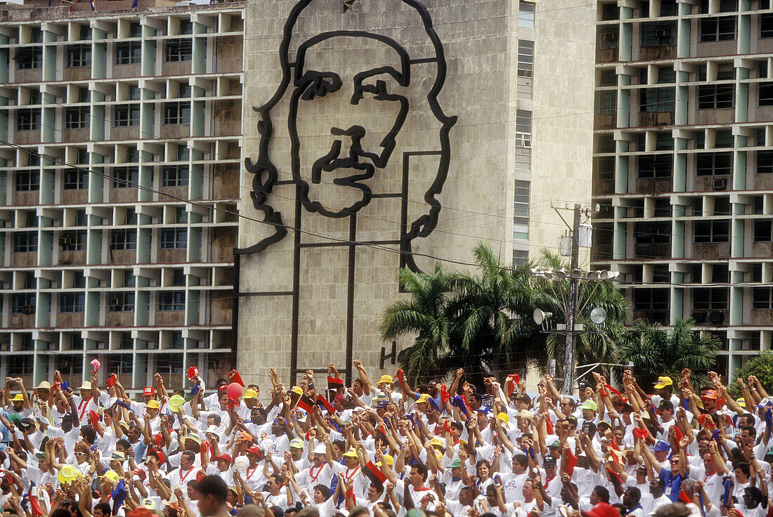 May day parade with relief of Che Guevara at background. Havana. Cuba