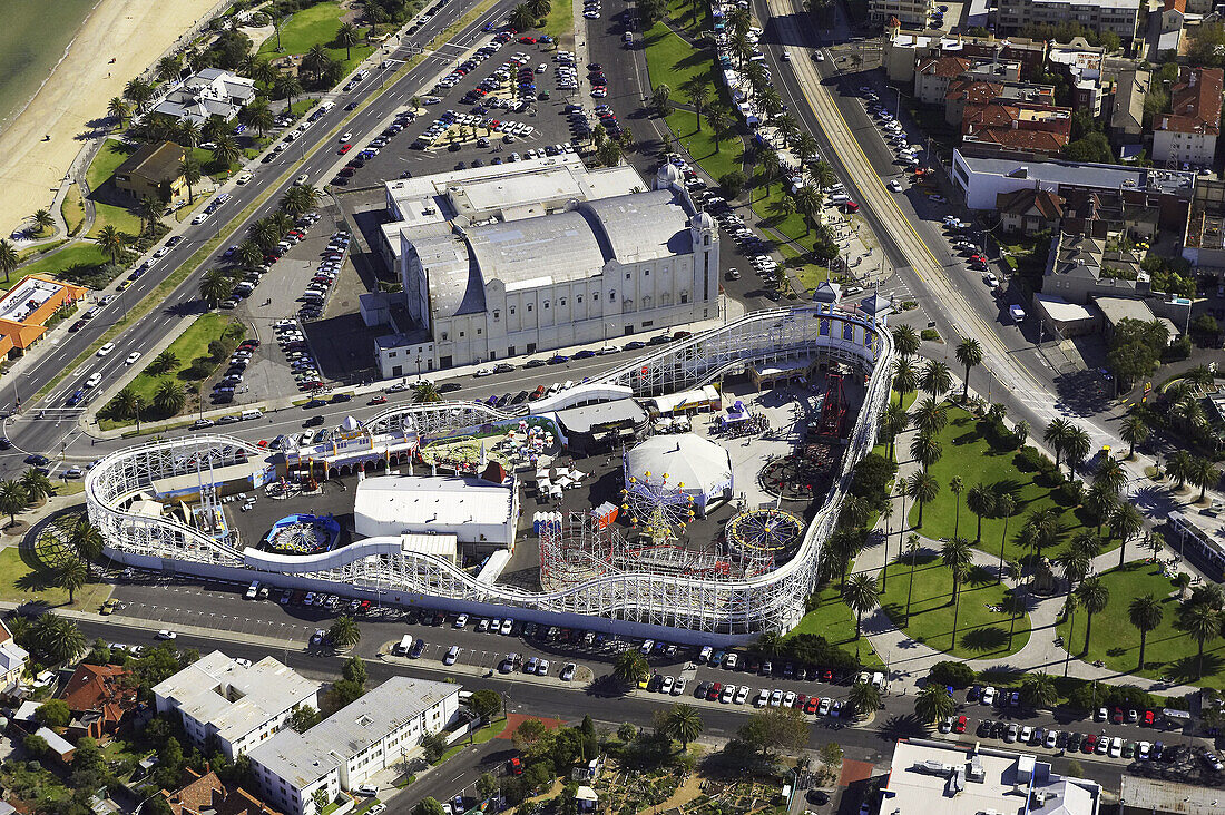 Luna Park, St. Kilda, Port Phillip Bay, Melbourne, Victoria, Australia - aerial