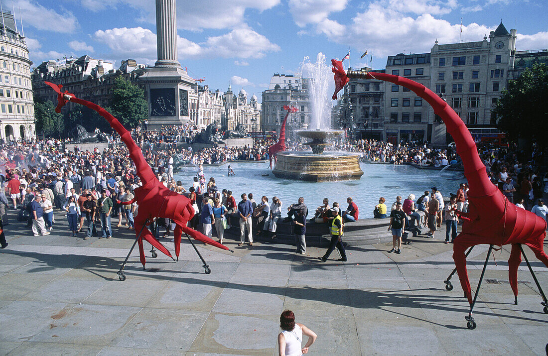 Street theater performance in Trafalgar Square, part of the Summer in the Square program. London, UK