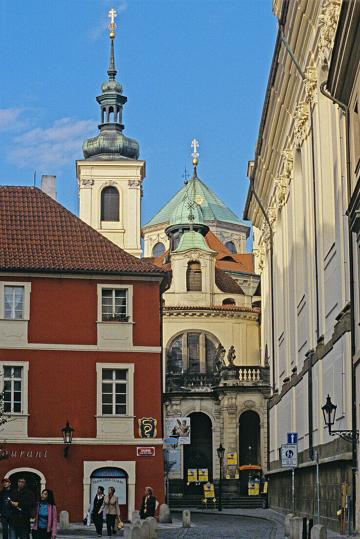 Karlova (Charles Street), Italian Chapel and tower of Holy Savior church. Old Town. Prague. Bohemia. Czech Republic