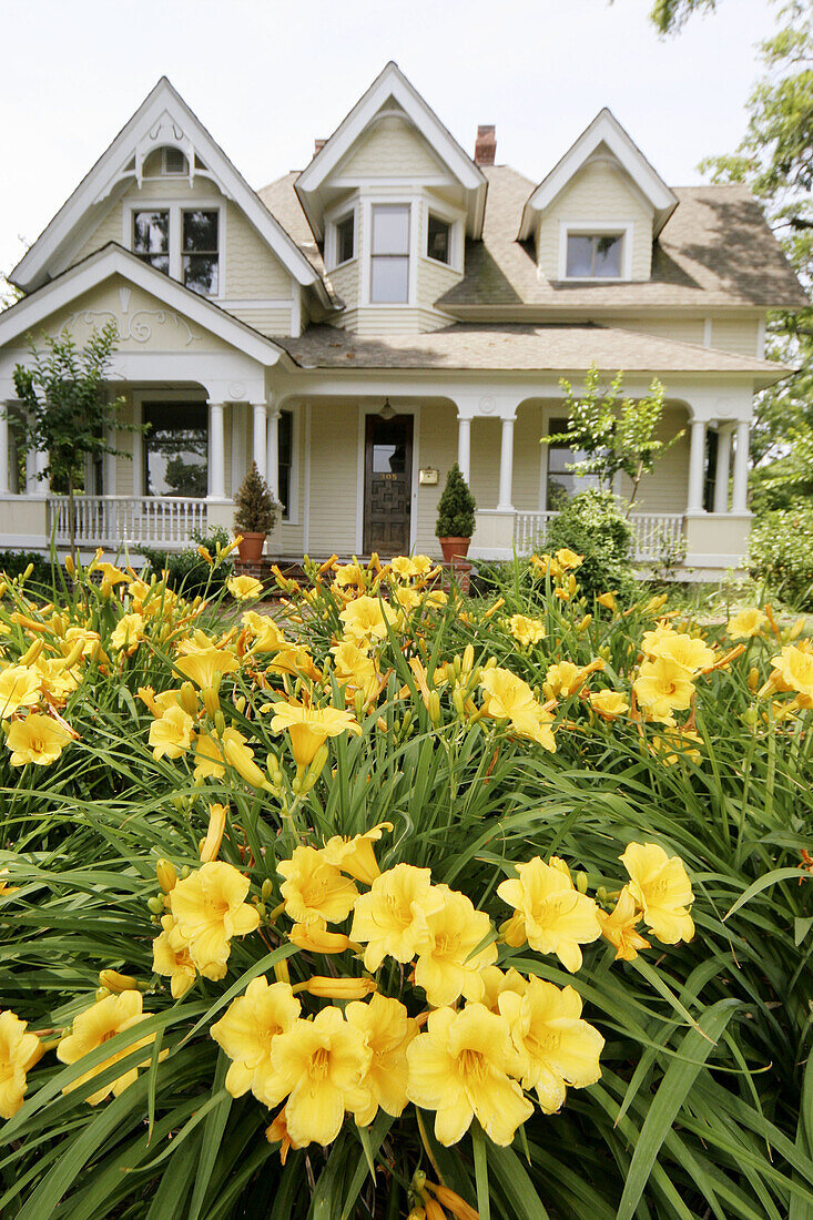 Flowers, historic home. Saturday Walking Tour, Decatur, Alabama. USA.