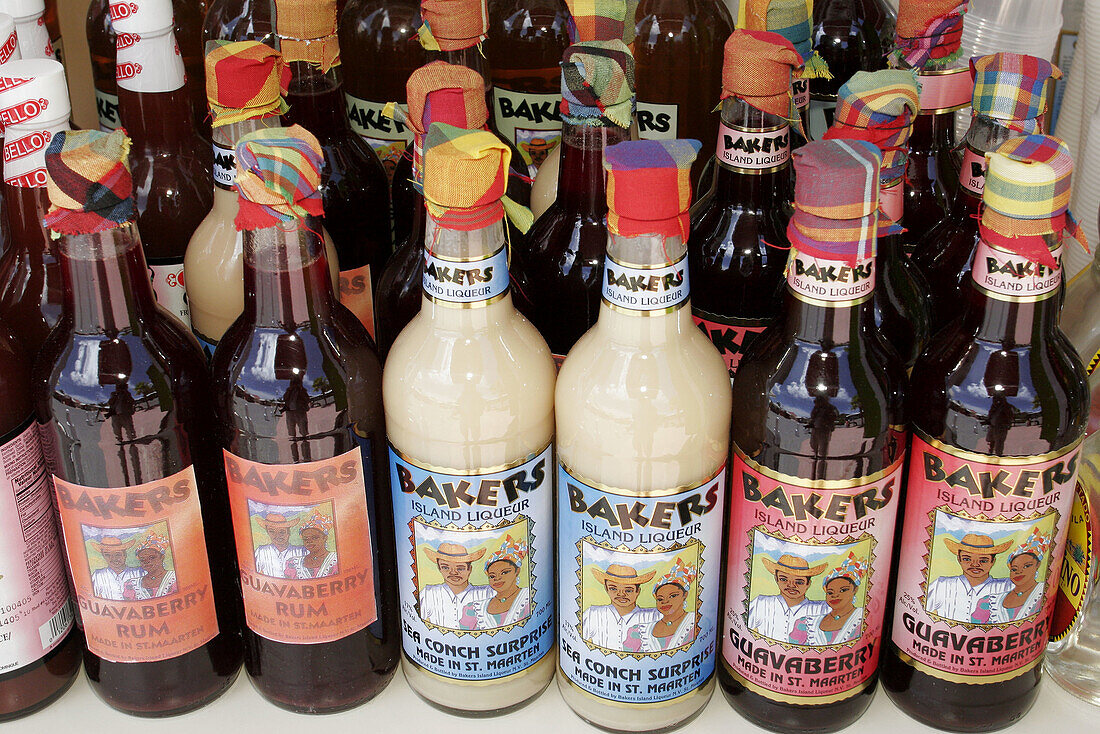 Bottles, flavored liqueur, alcohol. Dutch. Philipsburg. Sint Maarten.