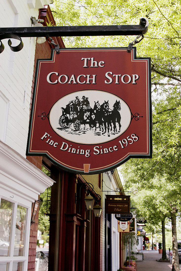 Virginia, Middleburg, Washington Street, sign, The Coach Stop, Fine Dining