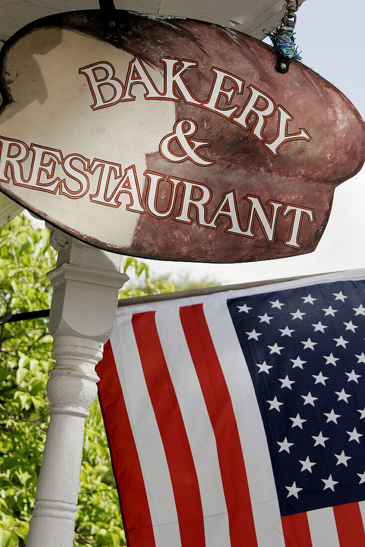 Virginia, Middleburg, Washington Street, sign, Bakery and Restaurant, flag