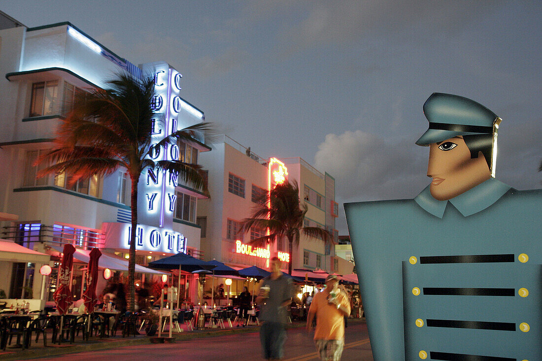 Doorman art, Colony Hotel, neon, nightlife. Art Deco Weekend, Ocean Drive. Miami Beach. Florida. USA.