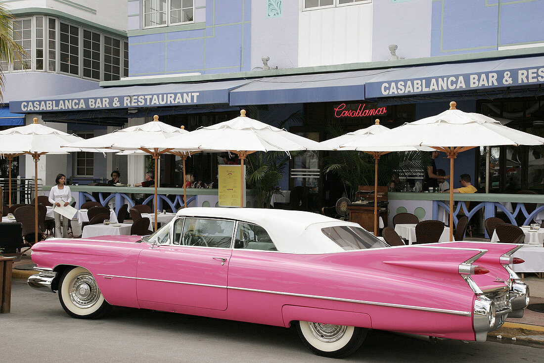 Florida, Miami Beach, Ocean Drive, Motorola Mile, Super Bowl XLI, 1959 pink Cadillac convertible, Casablanca Bar