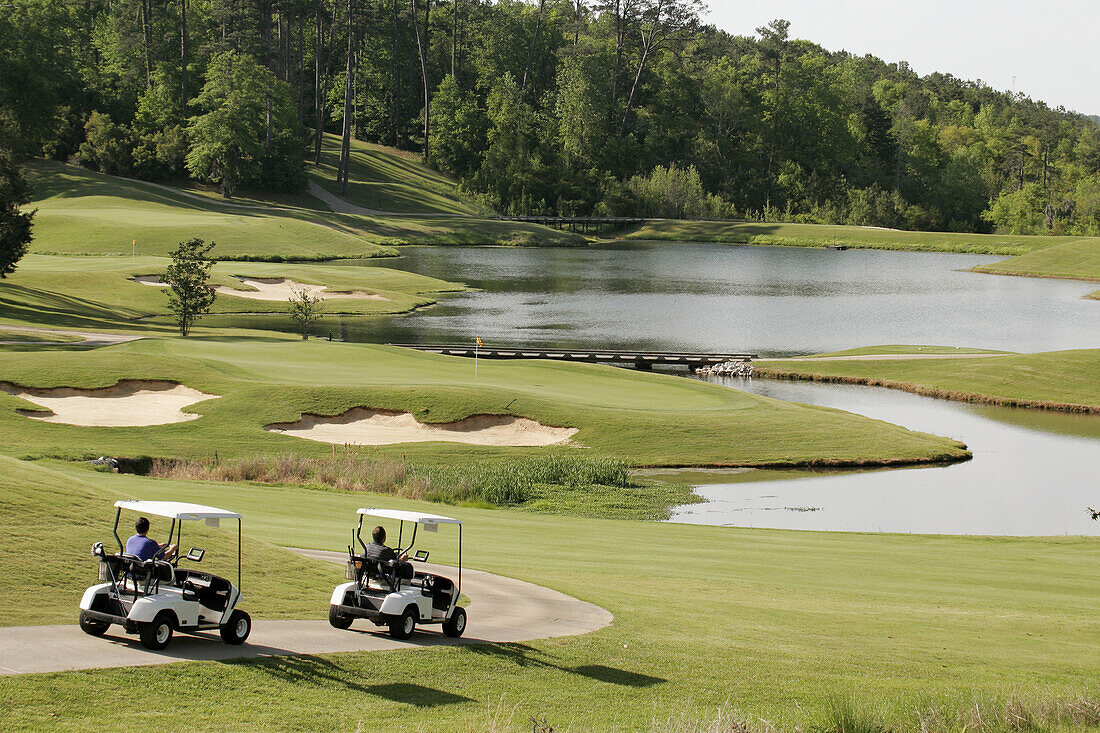 Greenville, Cambrian Ridge, Robert Trent Jones Golf Trail, course, carts, lake. Alabama. USA.