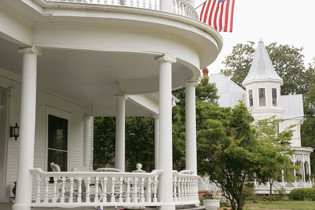 College Street, historic home, architectural detail, porch, Victorian style. Troy. Alabama. USA.