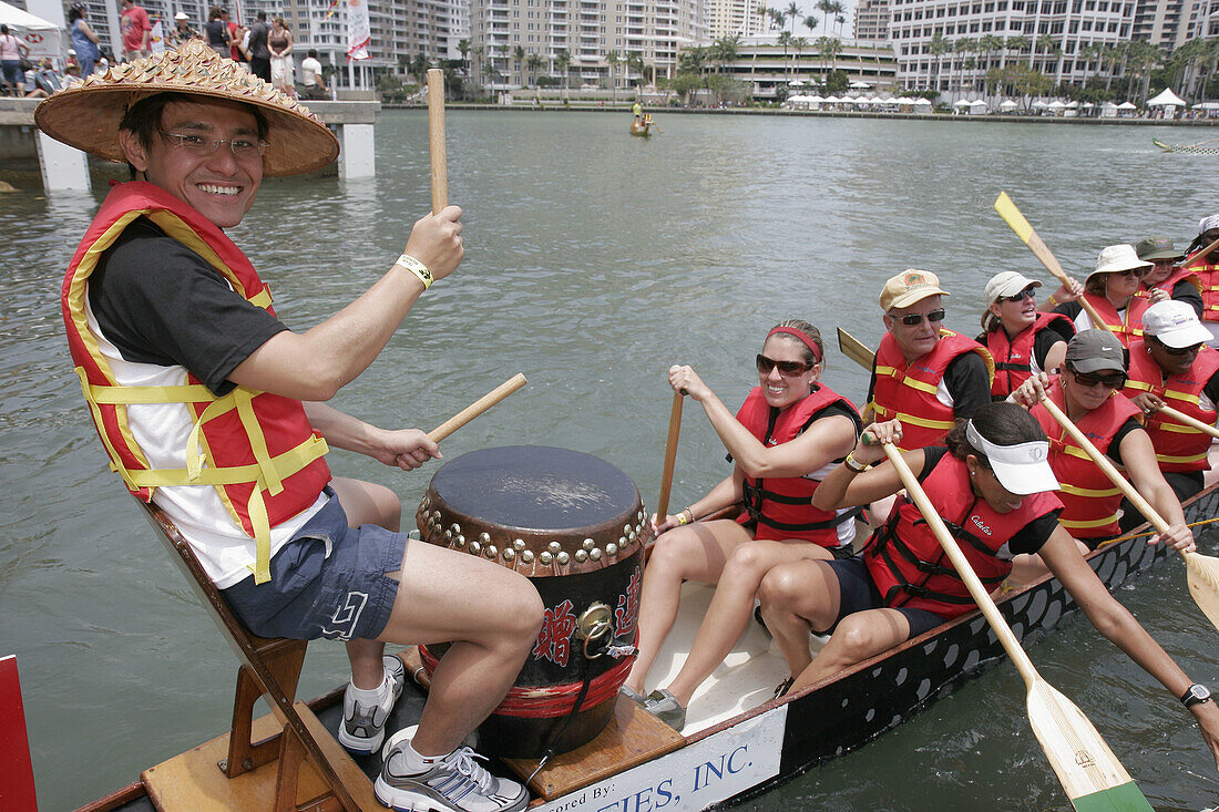 Florida, Miami, Biscayne Bay Aquatic Preserve, Brickell Key Day, Hong Kong Dragon Boat Race, Asian drummer, pace maker