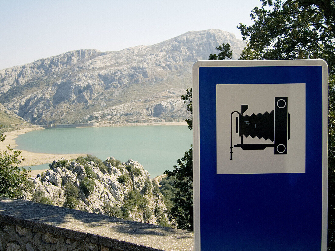Panoramic view and photograph sign. Escorca. Tramuntana Mountains. Mallorca. Balearic Islands. Spain.