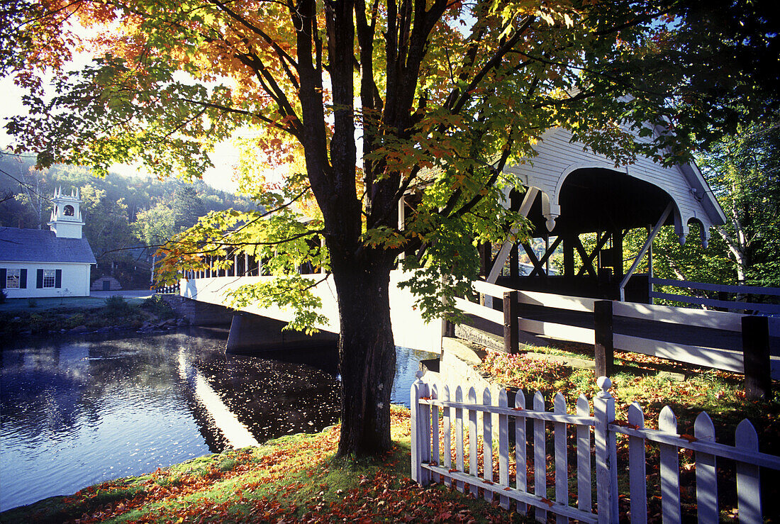 Fall foliage, Covered bridge, Stark, New hampshire, USA.
