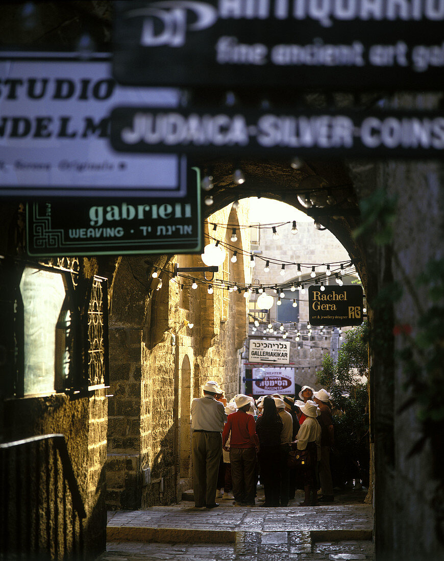 Street scene, Mazal dagim alley, Old city, Jaffa, Israel.