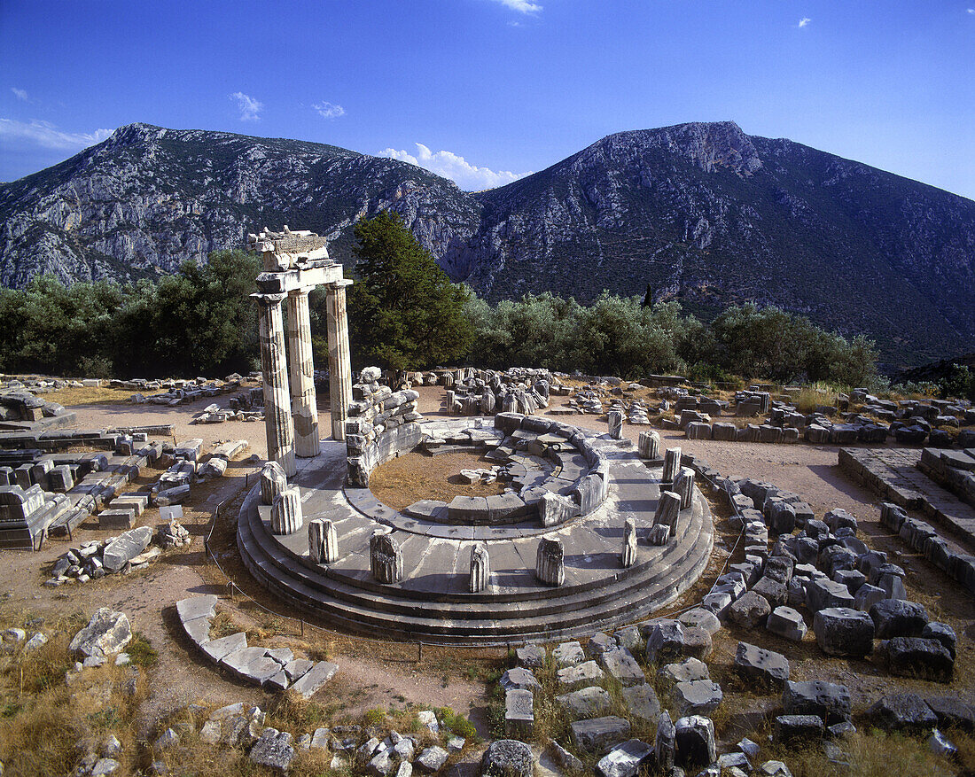 Tholos ruins, Marmaria terrace, Delphi, Greece.