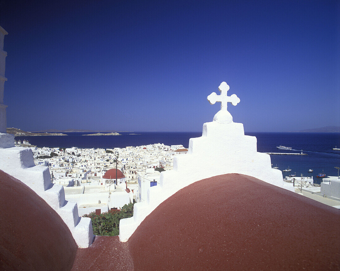 Church, Old windmill, Harbour, Mykonos, Greece.