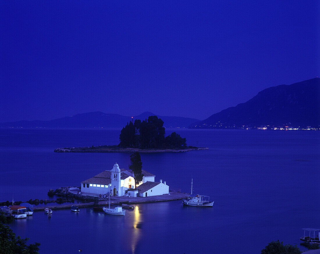 Vlacherna monastery & pondikonissi, Kanoni, Corfu coastline, Greece.