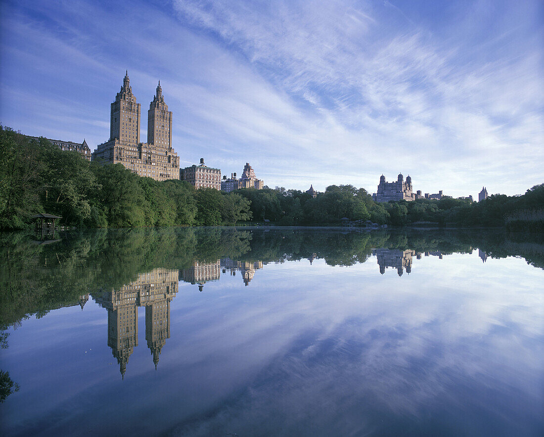 Central park west skyline, Lake, Central park, Manhattan, New York, USA.