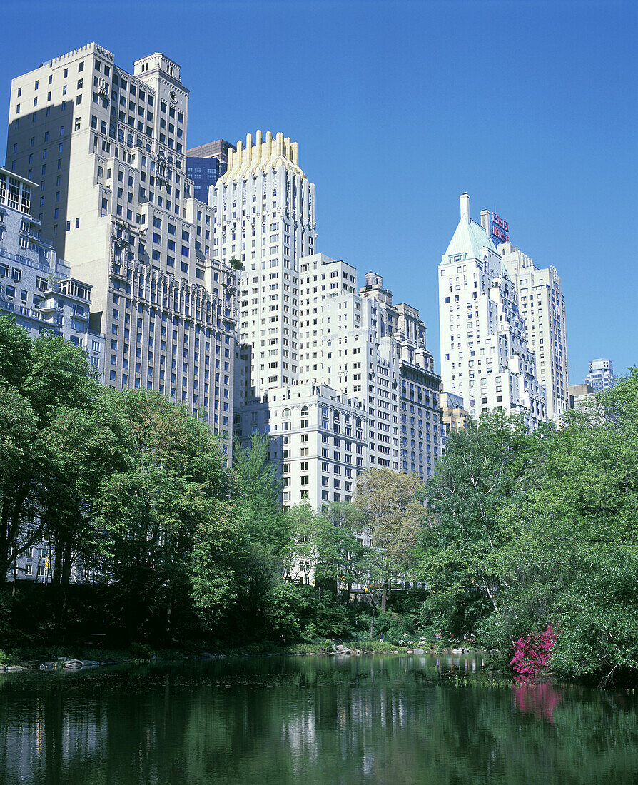 Spring, Pond, Central park south skyline, Manhattan, New York, USA.