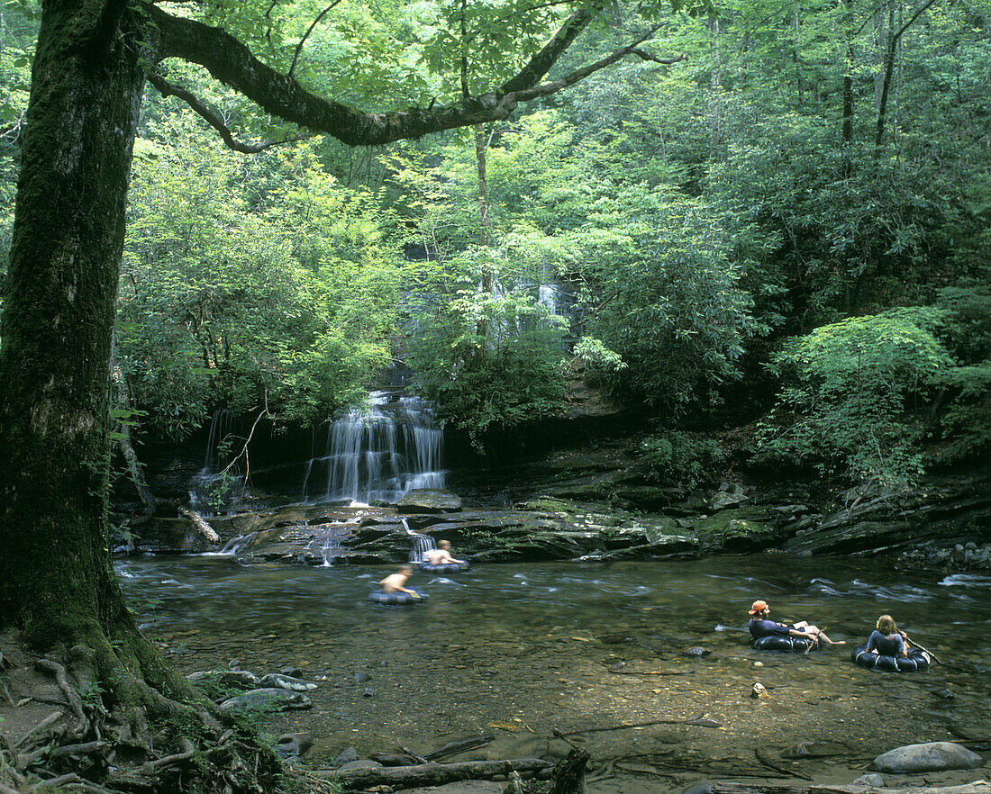 Tubing, Tom branch falls, Deep Creek, Great smoky mountains park, North carolina, USA.