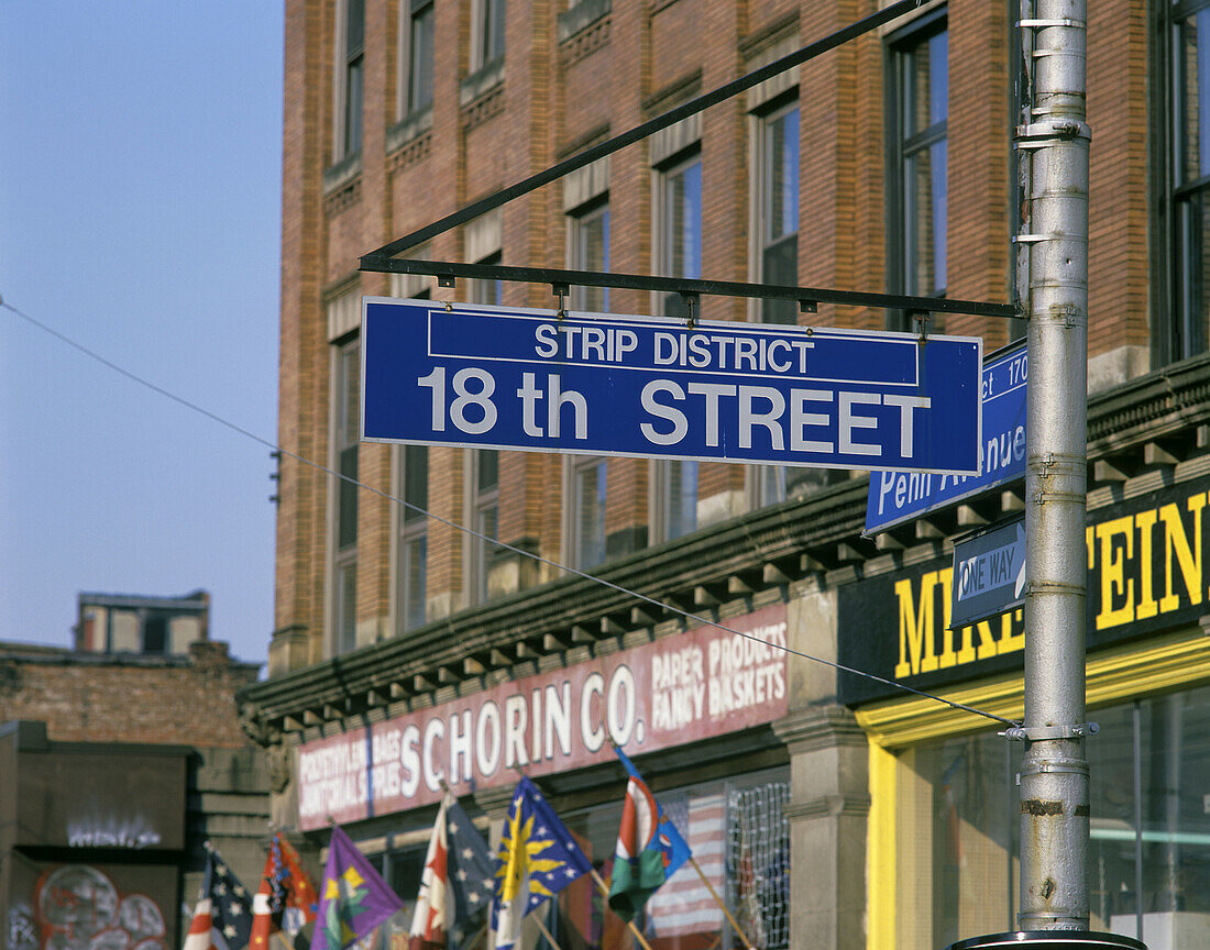 Sign, Strip district, Pennsylvania Avenue, Pittsburgh, Pennsylvania, USA.