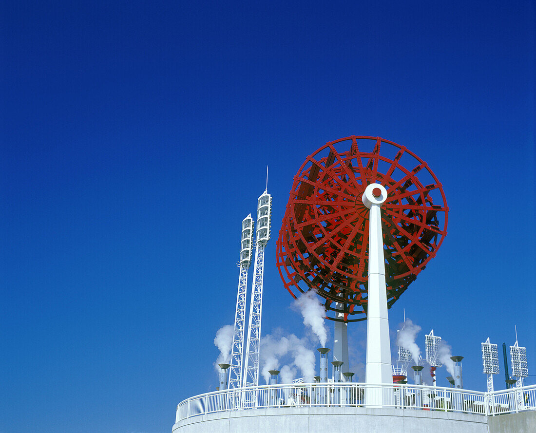 Red steamboat wheel, Riverfront stadium, Cincinnati, Ohio, USA.