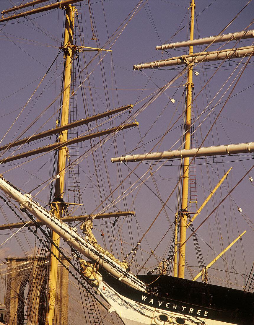 Tall ships & brooklyn bridge, South Street seaport museum, East River, New York, USA.