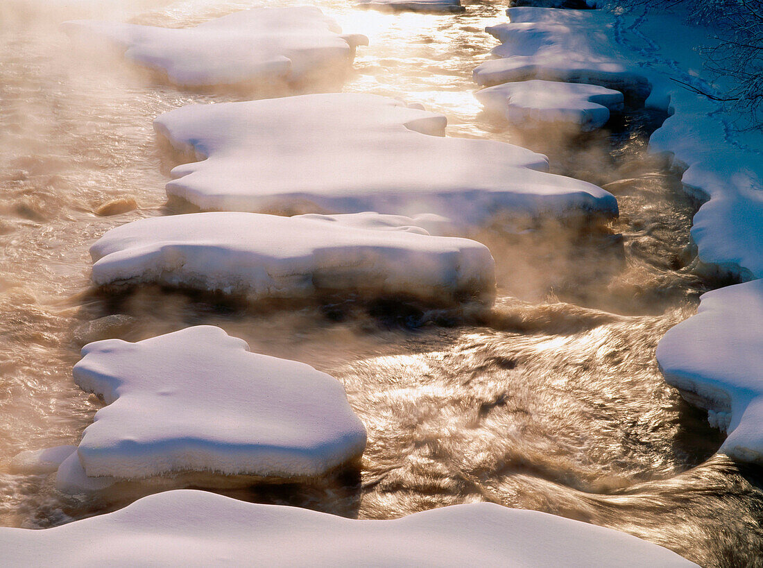 Snow formations in Bure River in winter. Burea. Västerbotten. Sweden