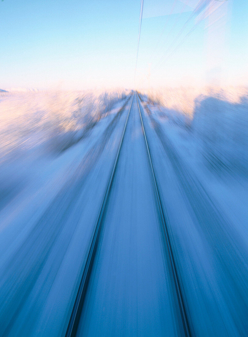 Railway in blurred motion a sunny day. Kiruna. Lapland. Sweden