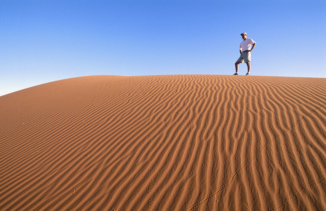 Man standing on a dune with ripples. Sossusvlei. Namib Desert