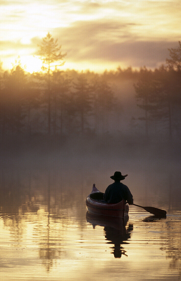 A man paddle a canoe a misty summermorning at sunrise. Byske. Vasterbotten. Sweden.