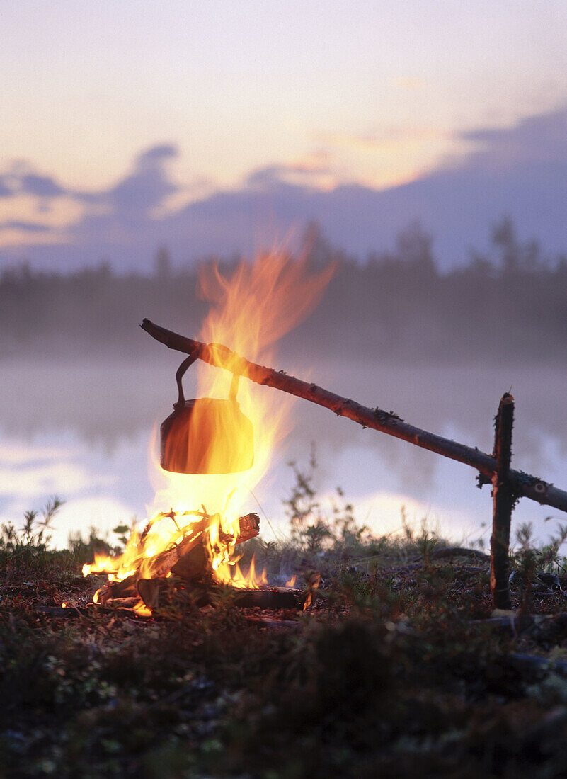 Coffee boiling over a campfire, at sunrise. Byske. Vasterbotten. Sweden.