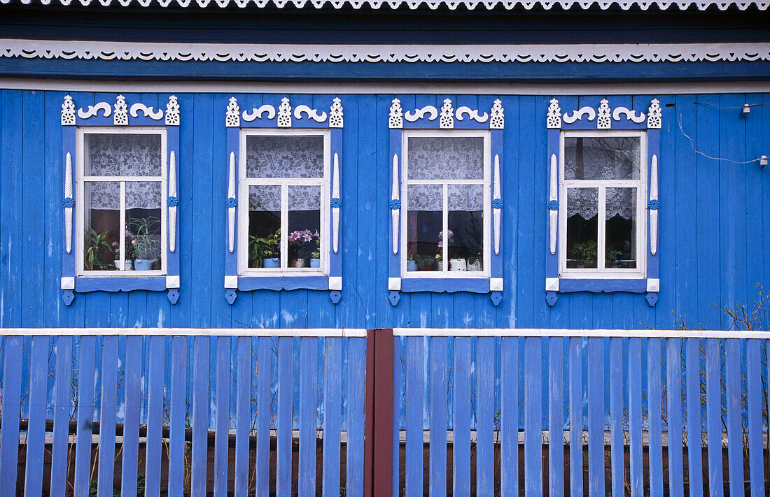 Four windows on a blue russian house. Near Ufa. Bashkortostan. Russia.