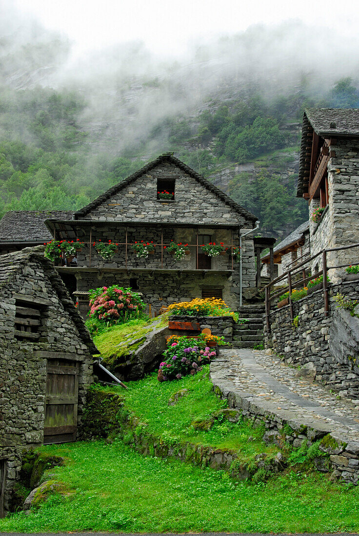 stone house with flower decoration, Sonlerto, Ticino, Switzerland
