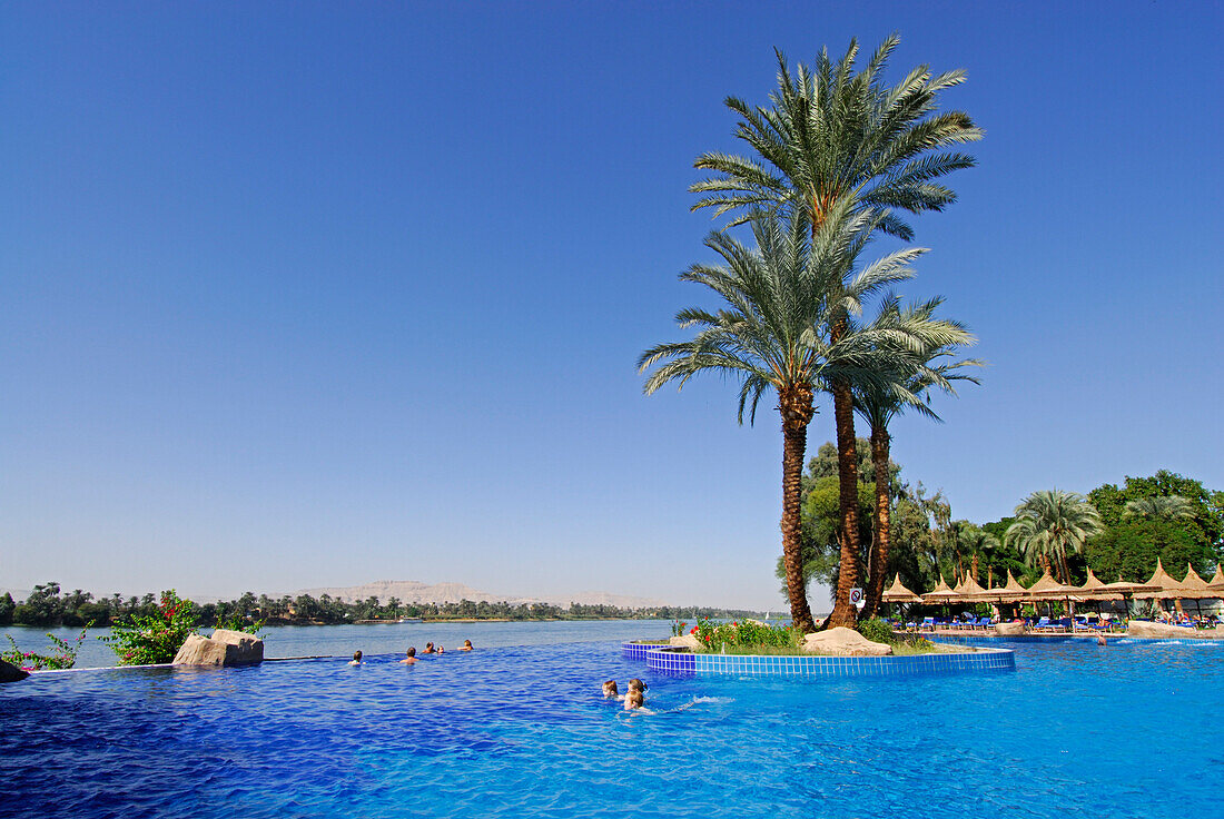 swimming-pool area with palm trees and view to the Nile and western bank of Nile, Crocodile Island, Luxor, Egypt, Africa