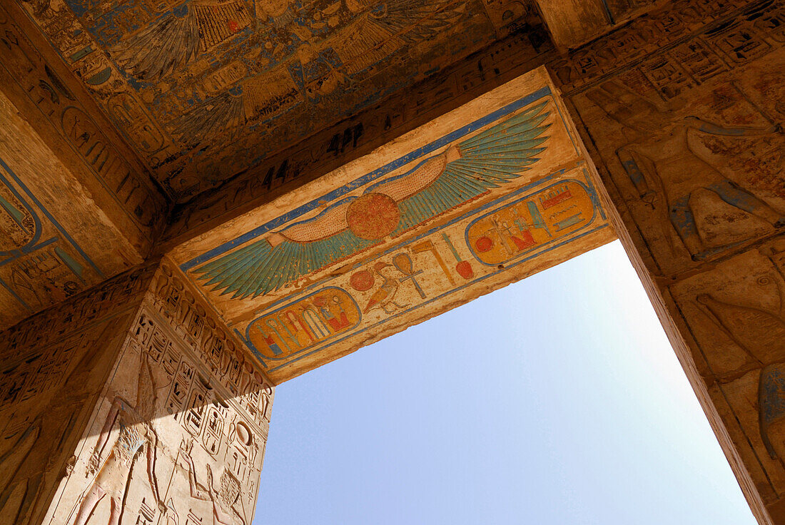 Painted reliefs at doorway, Ramesseum at western bank, Thebes, Egypt, Africa