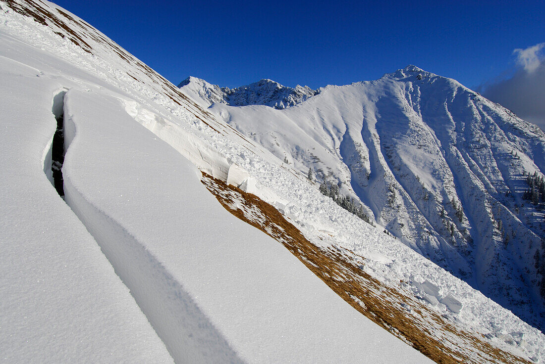 Schneebrettanriss am Joch, Vordere Suwaldspitze im Hintergrund, Lechtaler Alpen, Tirol, Österreich