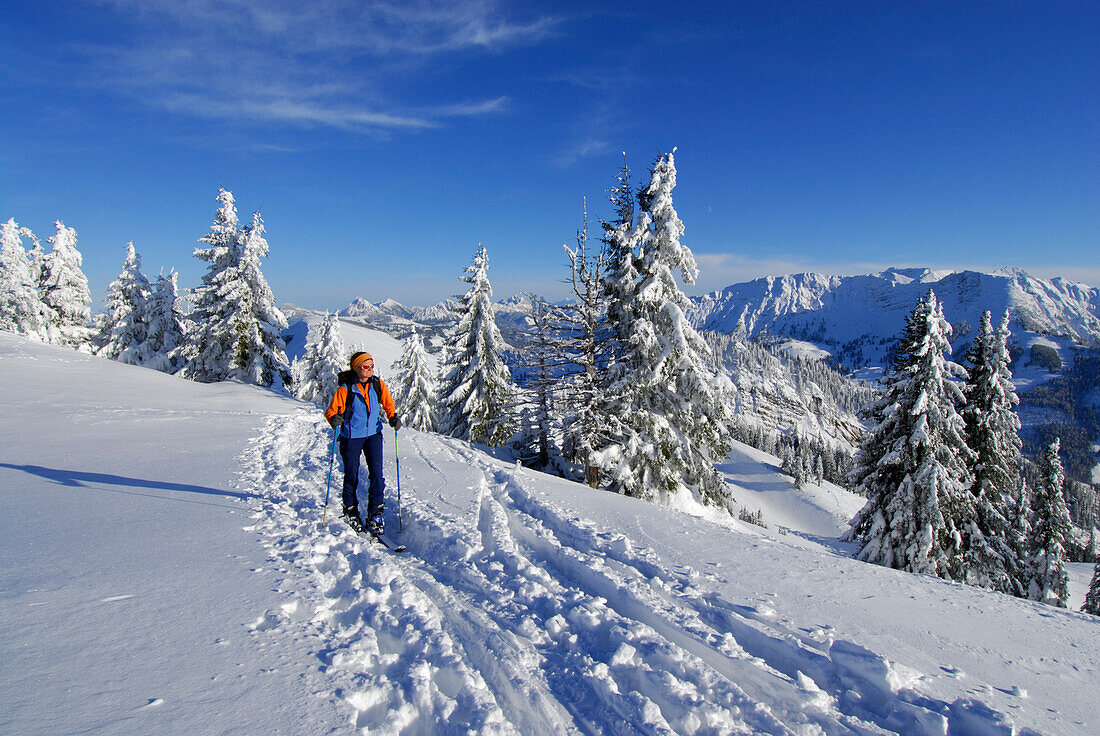 Backcountry skier ascending Spieser, Allgaeu Alps, Bavaria, Germany