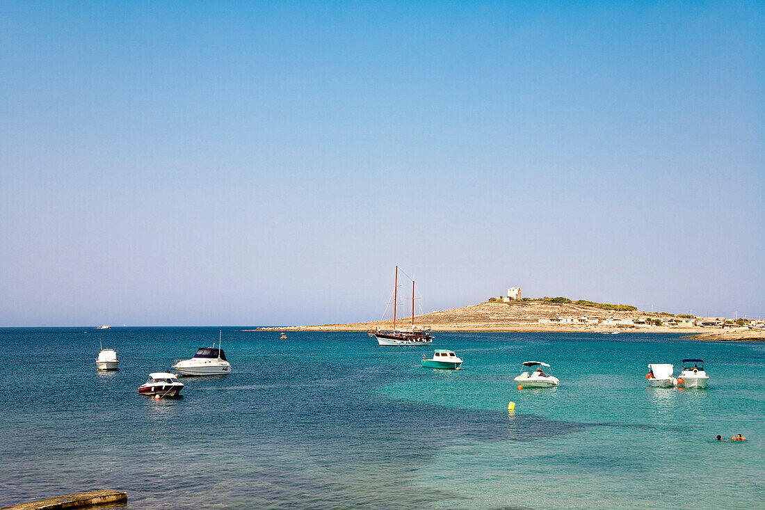 Boote liegen vor einer Bucht im Sonnenlicht, Armier Bay, Malta, Europa
