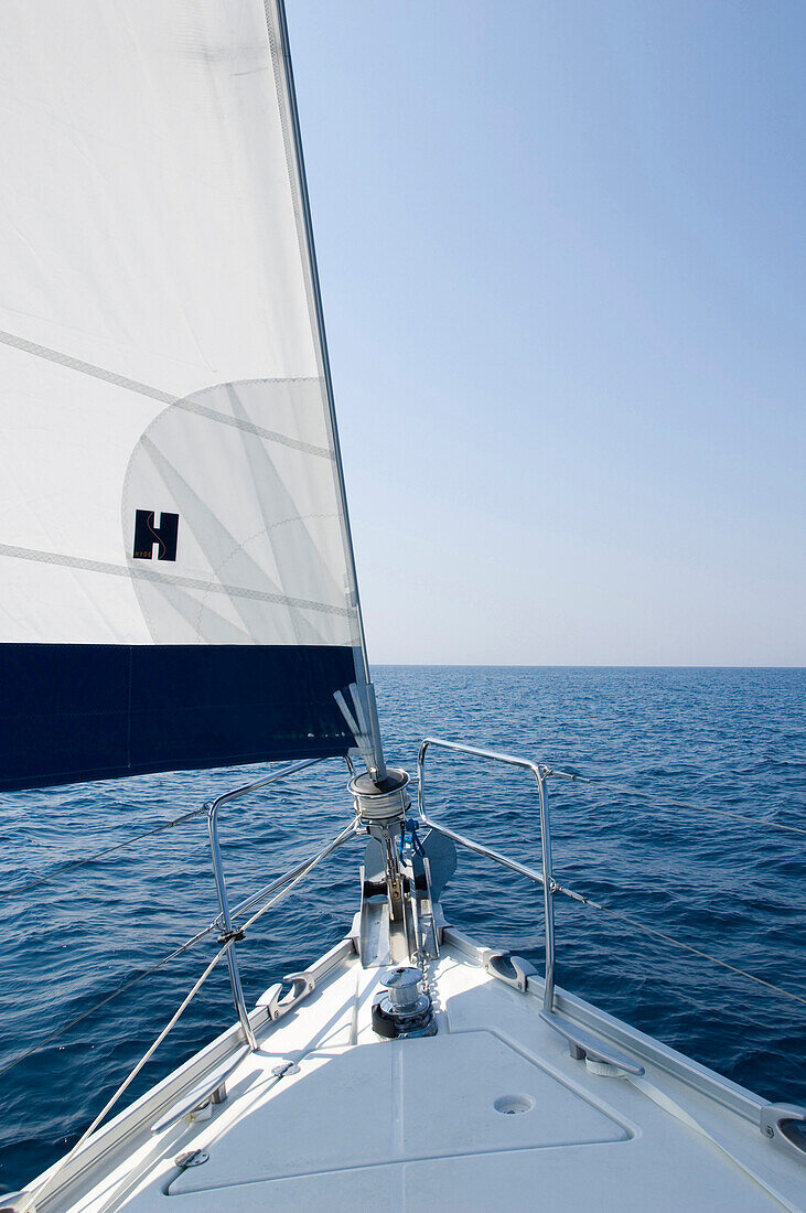 Bow of a sailing boat and sail, yacht, sailing trip, Croatia