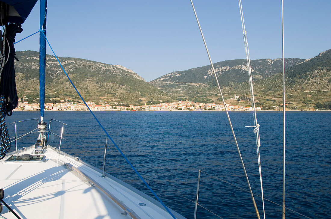 A sailing boat, yacht, moored in Komiza harbour, Vis Island, Croatia