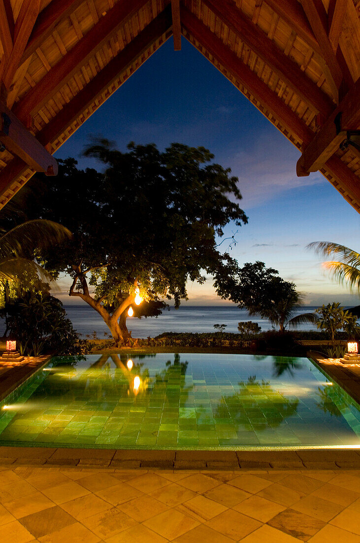 Luxury Hotel at night, Taj Exotica Resort & Spa, Presidential Villa with pool, Mauritius