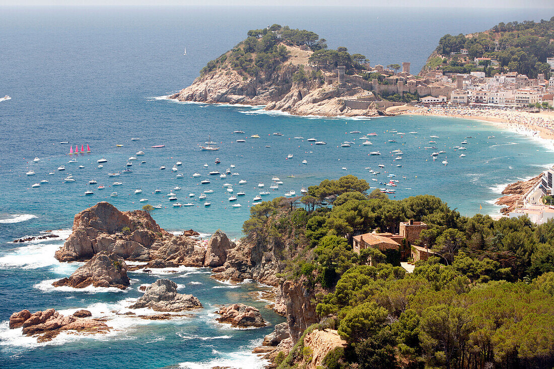 Boats in Bay, Tossa del Mar, Costa Brava, Catalonia, Spain